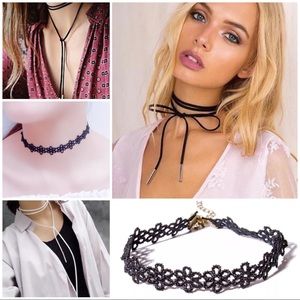 2 Choker Necklace Bundle Set Lot Lacey Flower & Bow Tie Boho Black